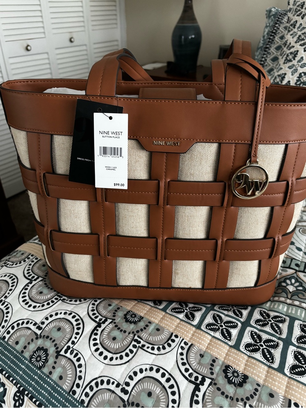 Nine West Sutton Place Caramel Vegan Leather & Canvas Tote